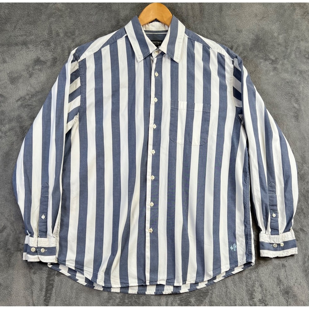 J Peterman Button Down Shirt Mens Large Blue White Awning Stripe Cotton Portugal